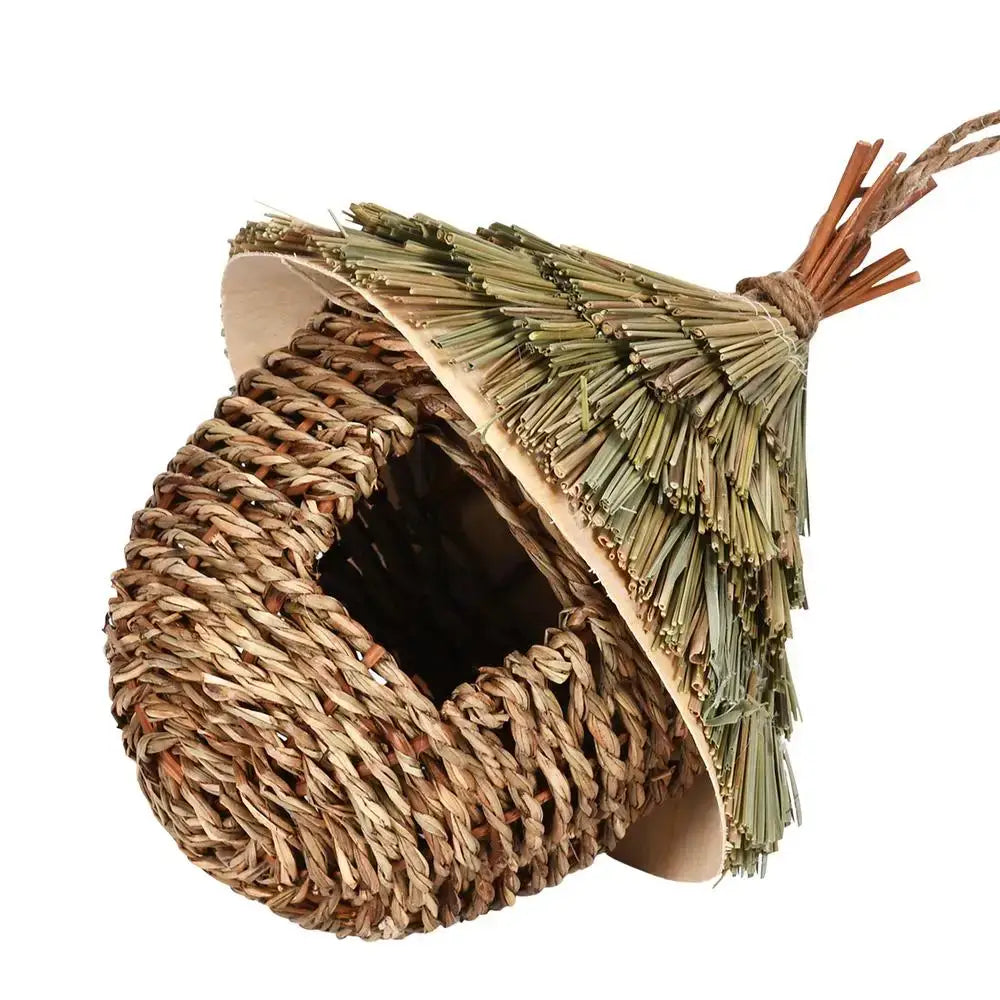 DecorBites™ handwoven natural fiber hummingbird house with thatched roof and hanging loop for garden use