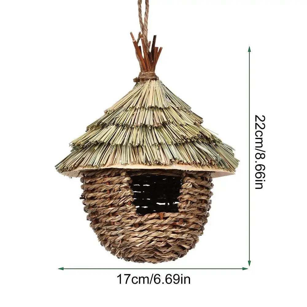 DecorBites™ handwoven natural straw hummingbird house with thatched roof and hanging rope nest house for garden decor