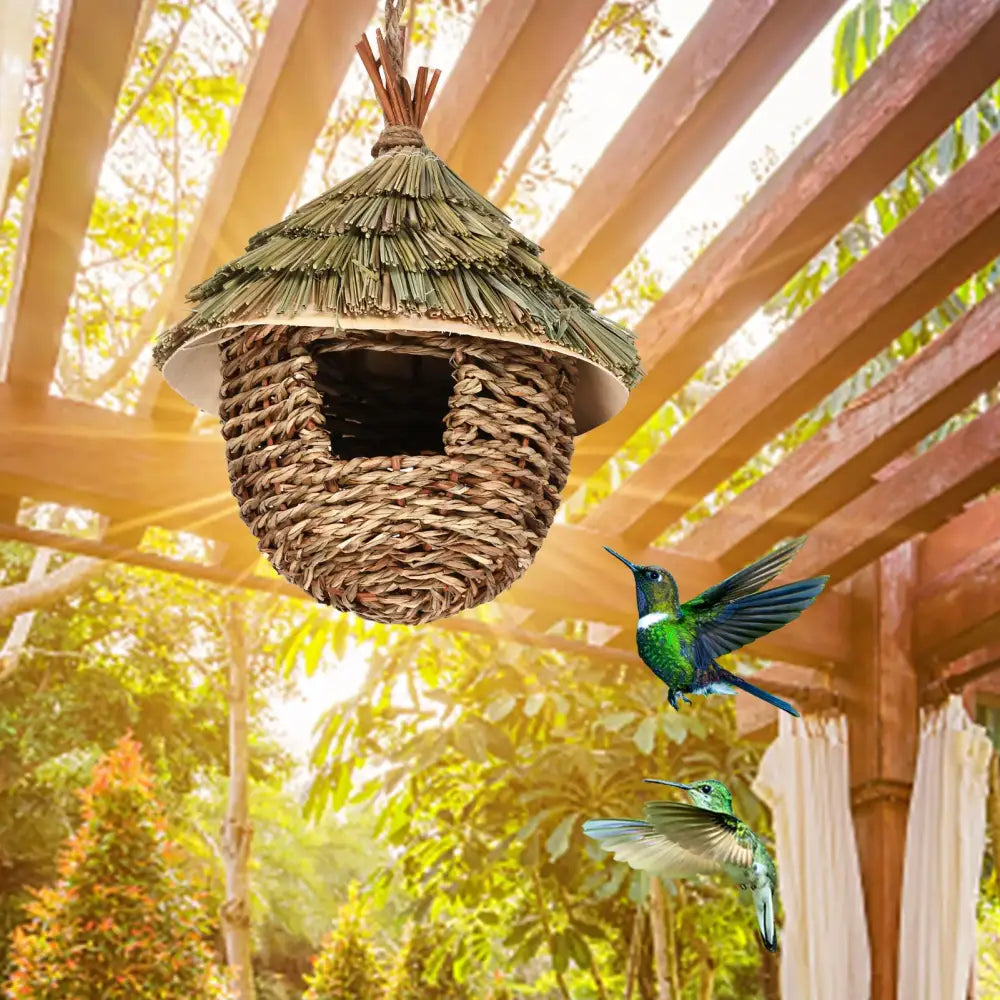 DecorBites handwoven natural fiber hummingbird house with thatched roof and open front for outdoor garden use