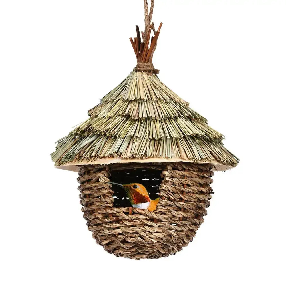 DecorBites™ handwoven natural straw and twine hummingbird house with thatched roof nest house for garden decor
