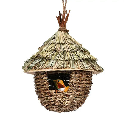 DecorBites™ handwoven natural straw and twine hummingbird house with thatched roof nest house for garden decor