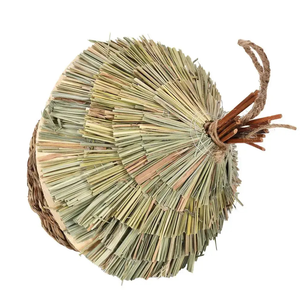 DecorBites™ hand-woven natural-colored hay hummingbird house with wicker base and twine handle for garden nest house