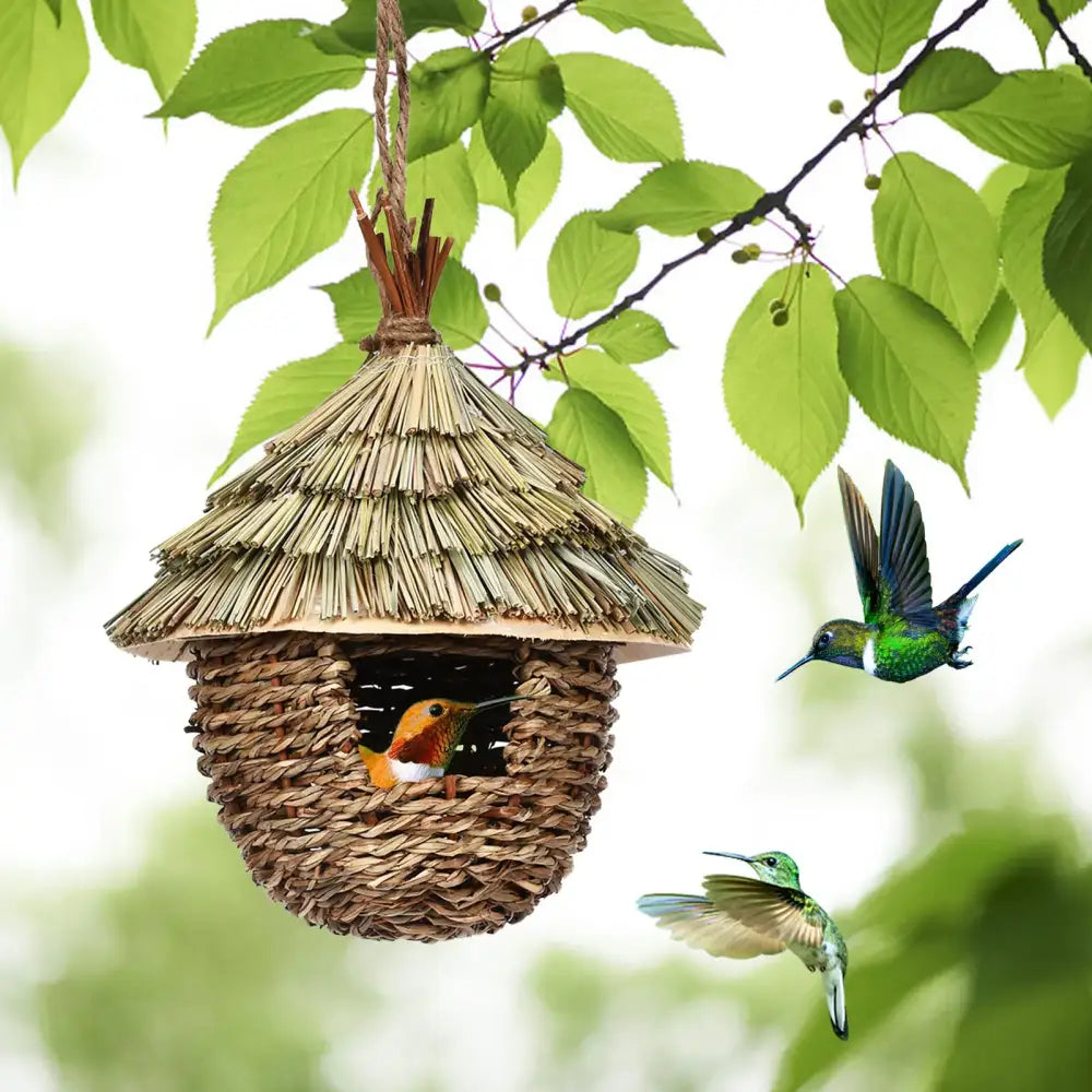 Decorbites hand-woven hummingbird house with thatched roof made of natural brown straw as a charming decorative hummingbird nest house