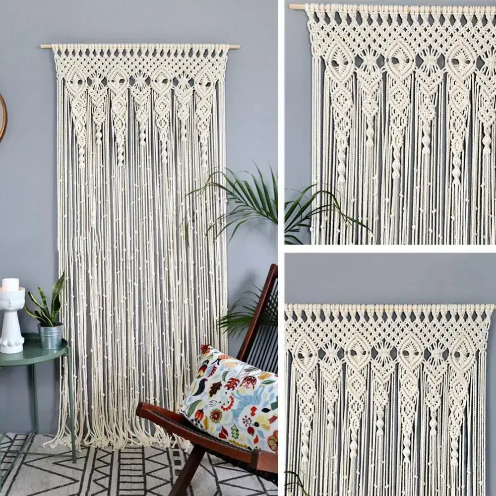 Cream-colored hand-woven macrame door curtain with intricate geometric patterns and fringe for bohemian decor