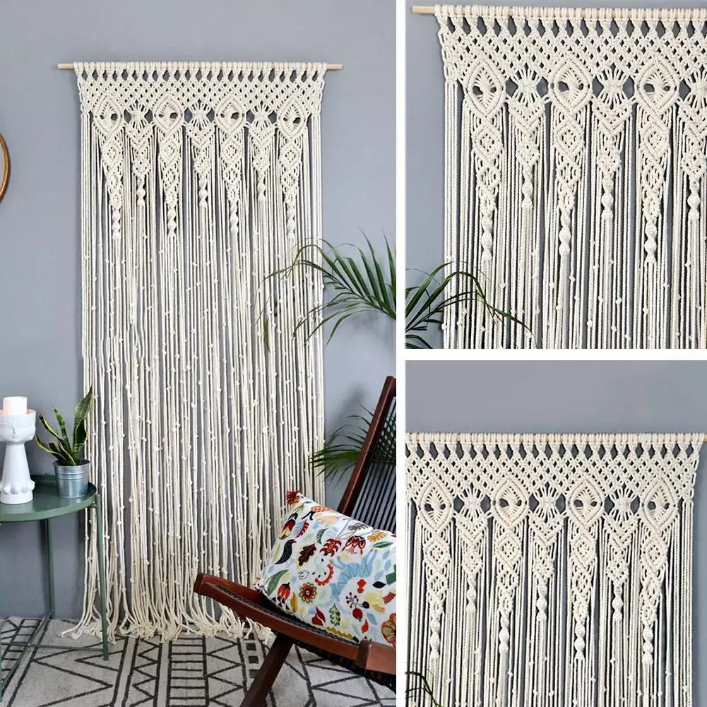 Cream-colored hand-woven macrame door curtain with intricate geometric patterns and fringe for bohemian decor