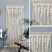 Cream-colored hand-woven macrame door curtain with intricate geometric patterns and fringe for bohemian decor