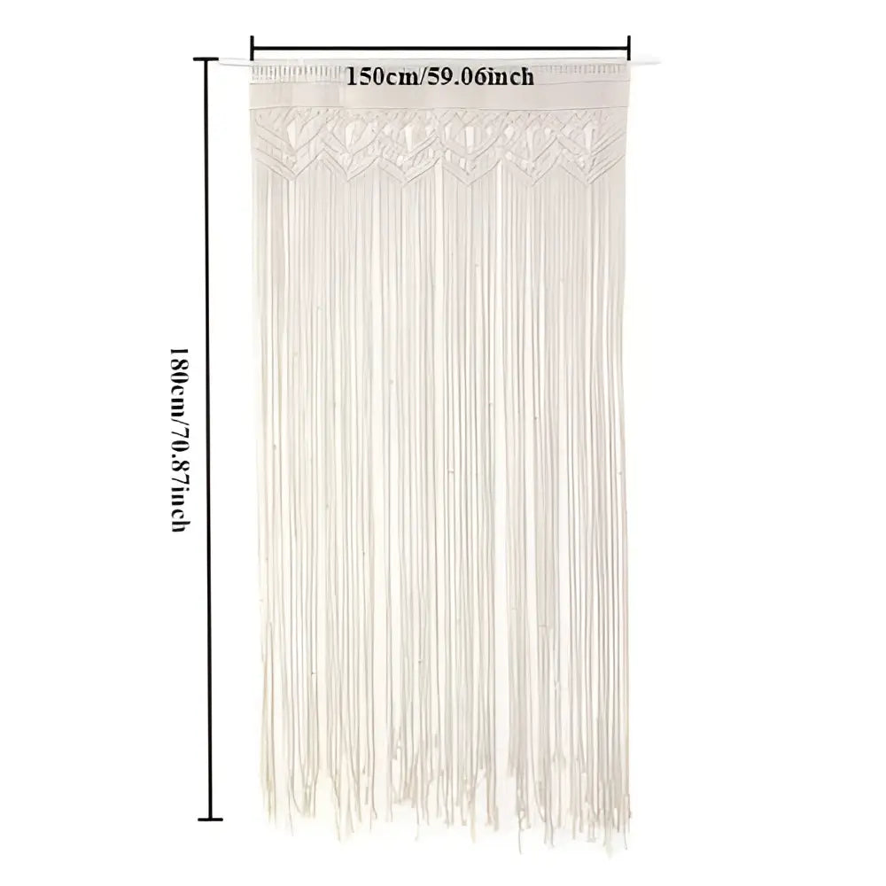 Cream-colored DecorBites™ hand-woven macrame door curtain with intricate patterns and long flowing fringe for home decor