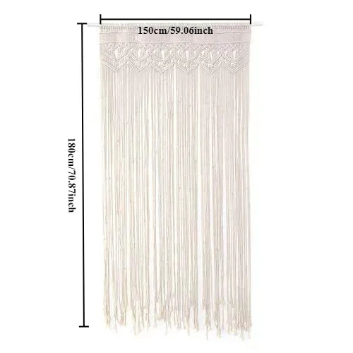 Cream-colored DecorBites™ hand-woven macrame door curtain with intricate patterns and long flowing fringe for home decor