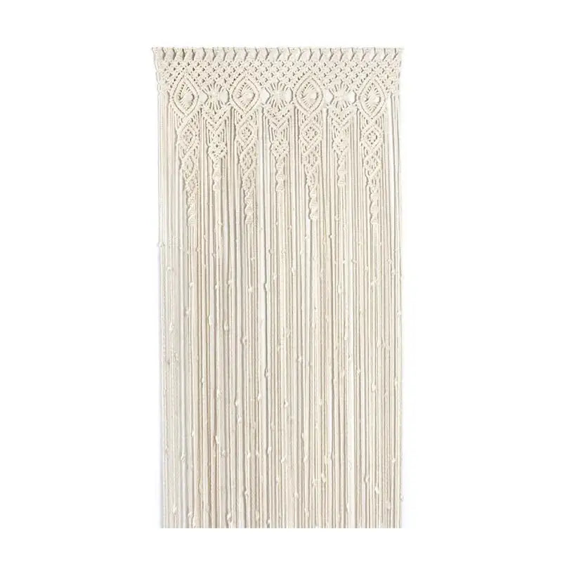 Cream-colored hand-woven macrame door curtain with intricate geometric patterns and hanging tassels for home decor