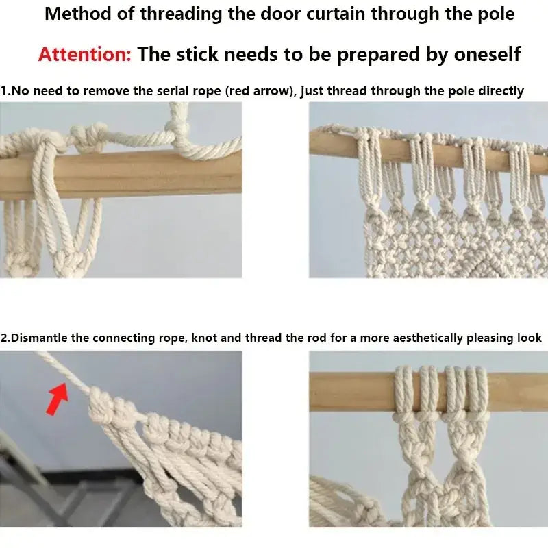 Cream-colored hand-woven macrame door curtain with intricate knots and braided rope design for home decor