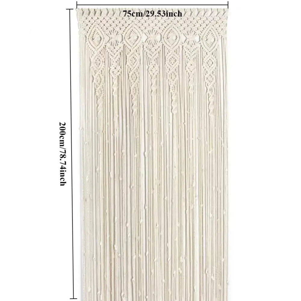 Cream-colored hand-woven decorbites™ macrame door curtain with intricate geometric patterns and hanging tassels for home decor