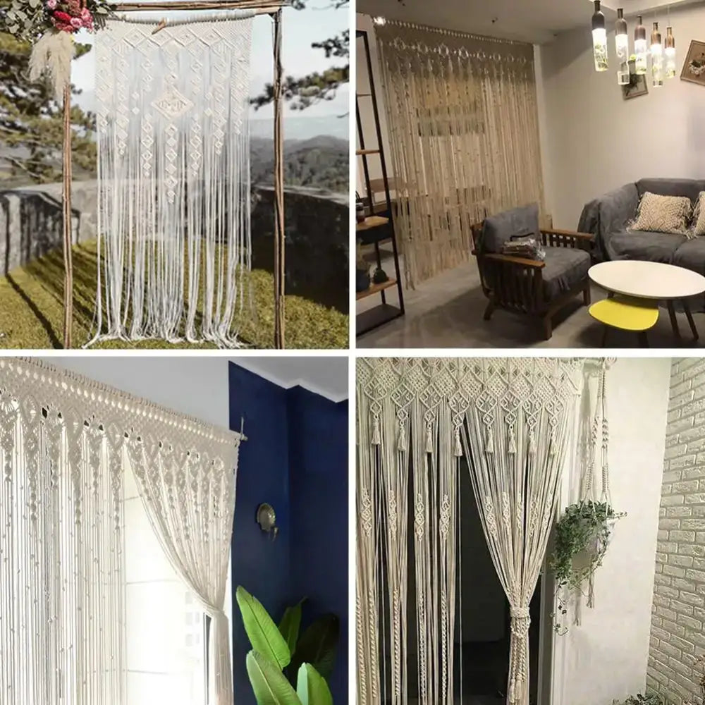 Cream-colored hand-woven DecorBites™ macrame door curtain with intricate knotwork and tassels for home decor