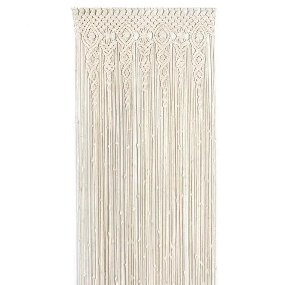 Cream-colored hand-woven macrame door curtain with intricate geometric patterns and dangling cords for home decor