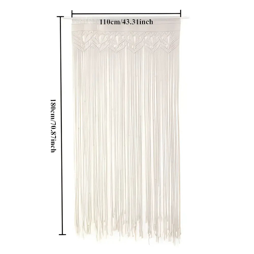 Cream-colored decorbites™ macrame door curtain with intricate woven top and long flowing fringe for home decor