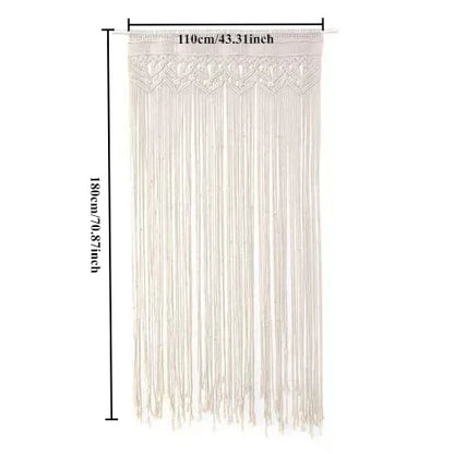 Cream-colored decorbites™ macrame door curtain with intricate woven top and long flowing fringe for home decor