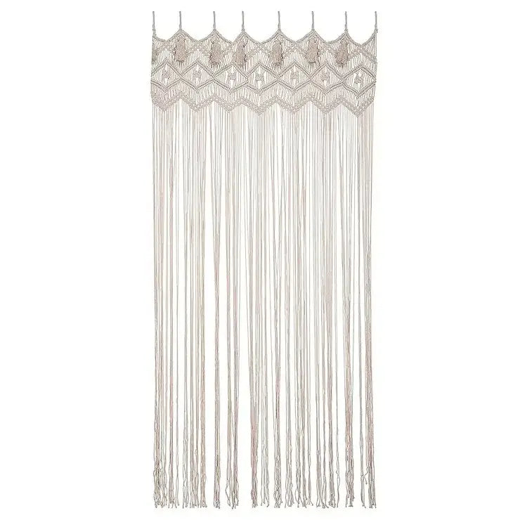 Beige hand-woven DecorBites™ macrame door curtain with intricate geometric patterns and long flowing fringe for home decor