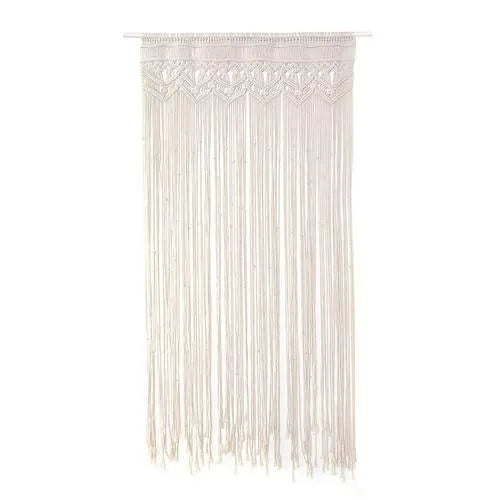 Cream-colored DecorBites™ macrame door curtain with intricate woven patterns and long dangling cords for home decor
