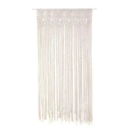 Cream-colored DecorBites™ macrame door curtain with intricate woven patterns and long dangling cords for home decor