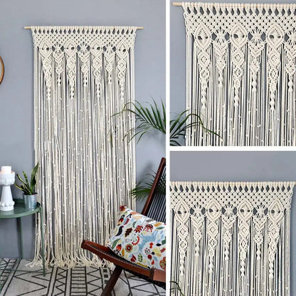 Cream-colored DecorBites™ hand-woven macrame door curtain with intricate geometric patterns and dangling fringe