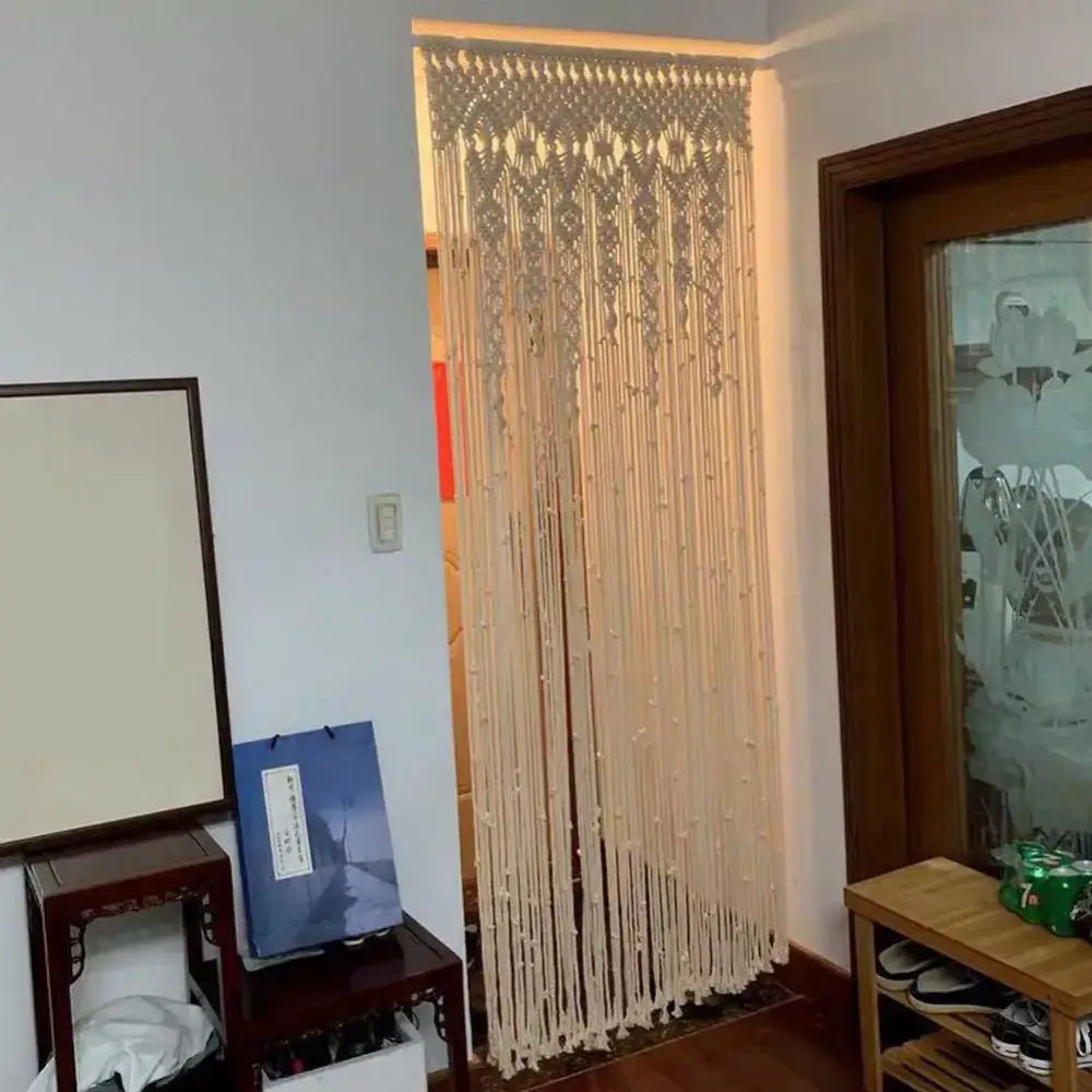 Beige DecorBites™ hand-woven macrame door curtain with intricate patterns and fringe for home and wedding decor