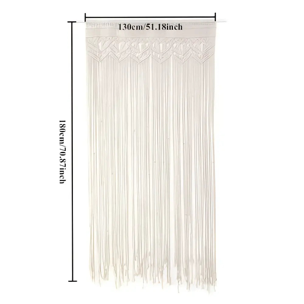 Beige decorbites™ hand-woven macrame door curtain with intricate lace detailing and long flowing fringe for home decor