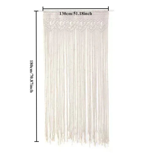 Beige decorbites™ hand-woven macrame door curtain with intricate lace detailing and long flowing fringe for home decor
