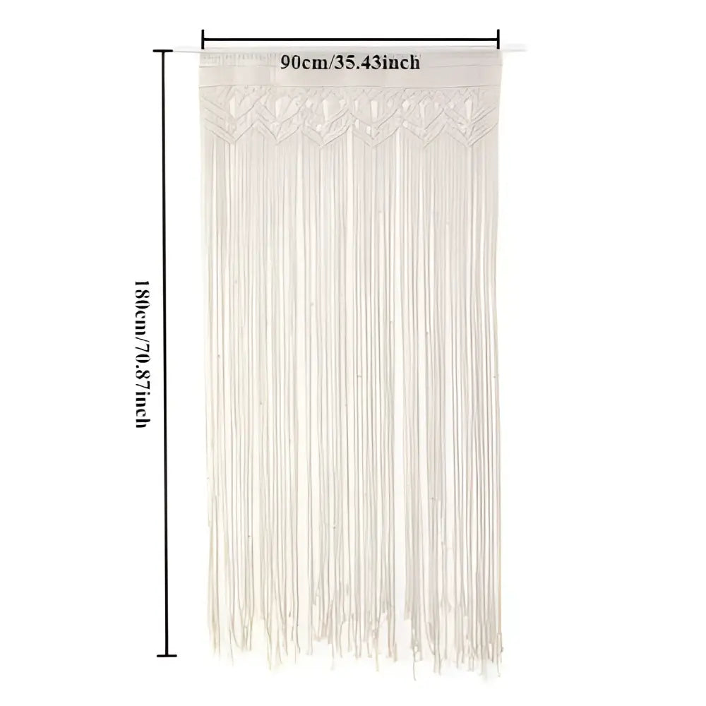 Cream-colored hand-woven DecorBites™ macrame door curtain with delicate lace trim and long flowing tassels for home decor