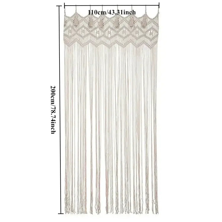 A cream-colored hand-woven DecorBites™ macrame door curtain with a decorative top border and long tassels for home decor