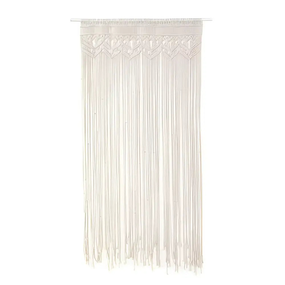 Cream-colored DecorBites™ macrame door curtain with intricate woven patterns and long dangling cords for home decor