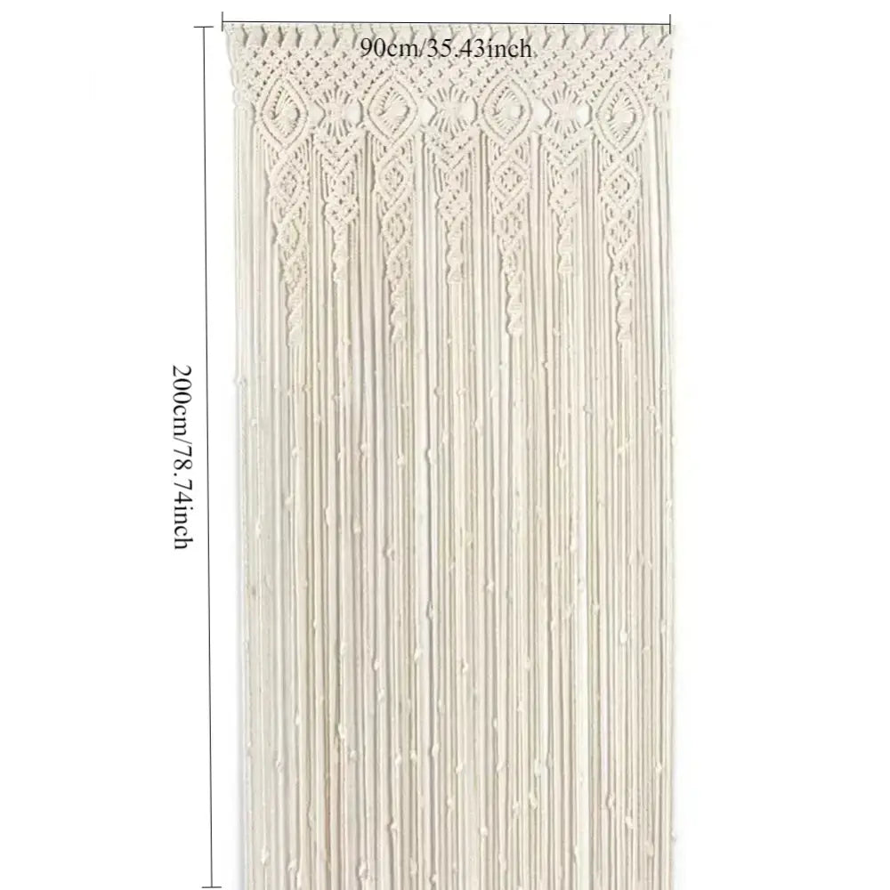 Cream-colored hand-woven macrame door curtain with intricate geometric patterns and hanging tassels for home decor