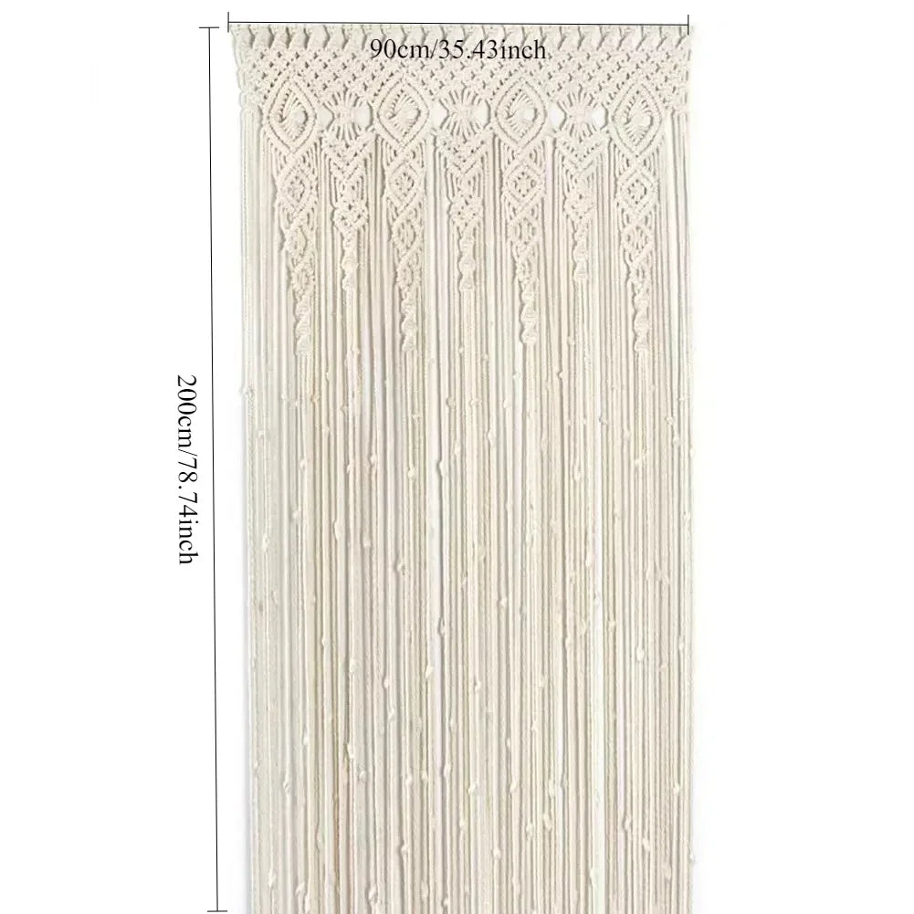 Cream-colored hand-woven macrame door curtain with intricate geometric patterns and hanging tassels for home decor