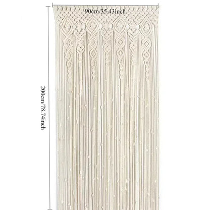 Cream-colored hand-woven macrame door curtain with intricate geometric patterns and hanging tassels for home decor