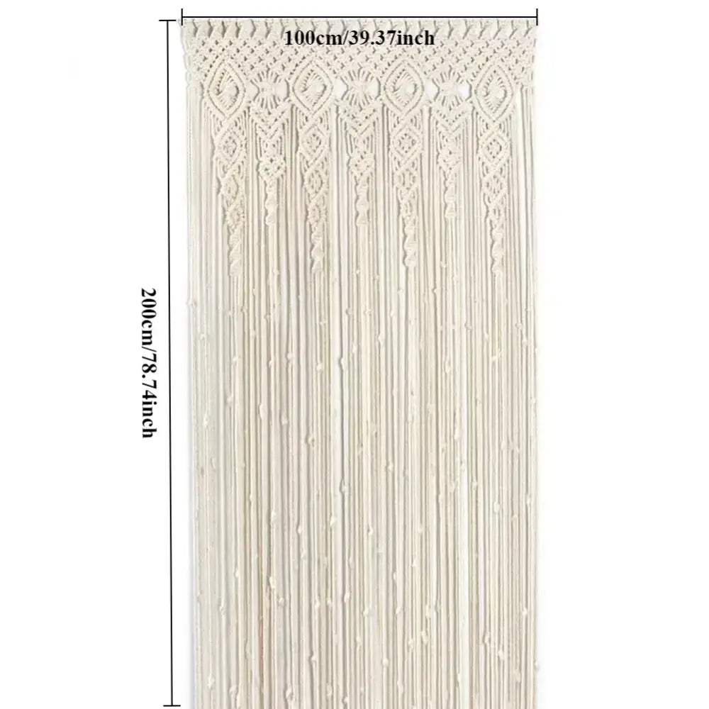 Cream-colored DecorBites™ hand-woven macrame door curtain with intricate patterns and hanging tassels for home decor