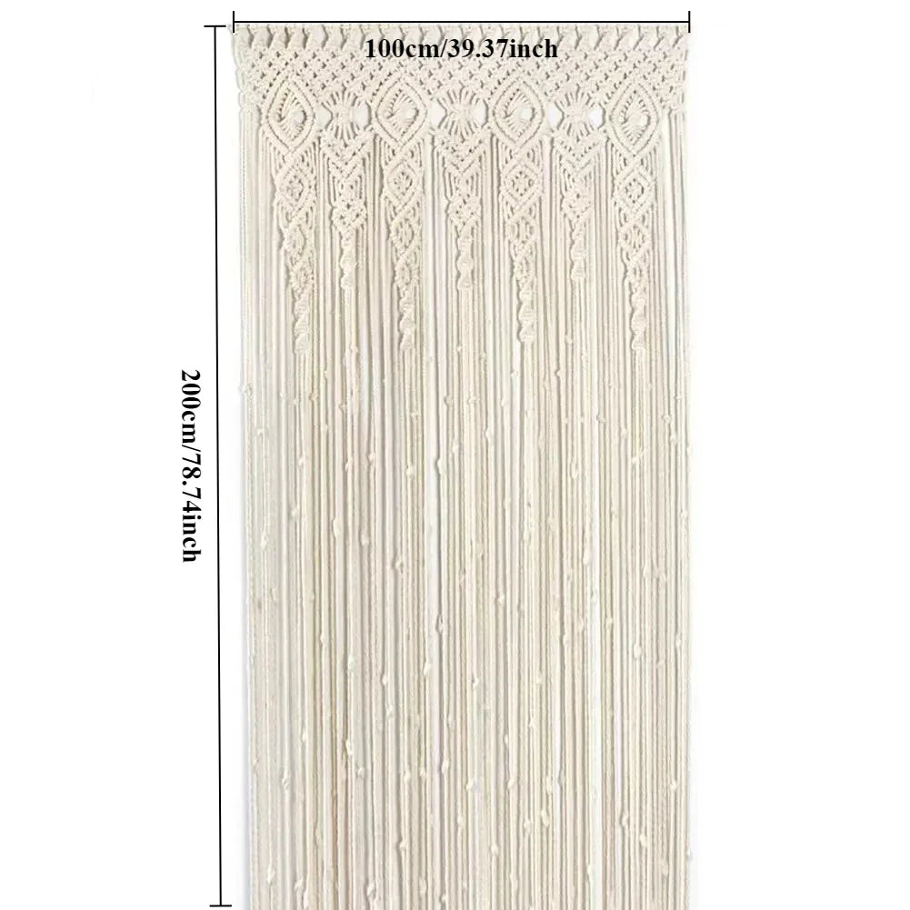 Cream-colored DecorBites™ hand-woven macrame door curtain with intricate patterns and hanging tassels for home decor