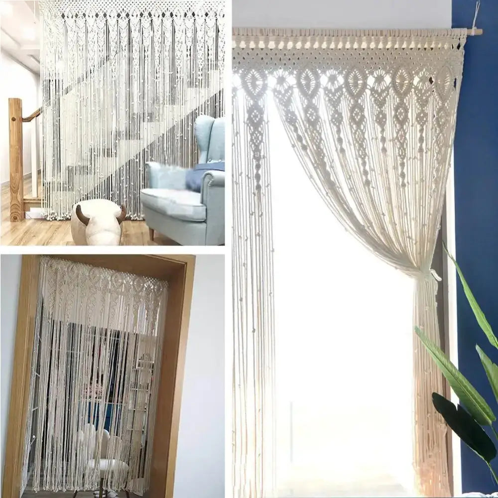 Cream-colored decorbites™ hand-woven macrame door curtain with intricate patterns and hanging tassels for home decor
