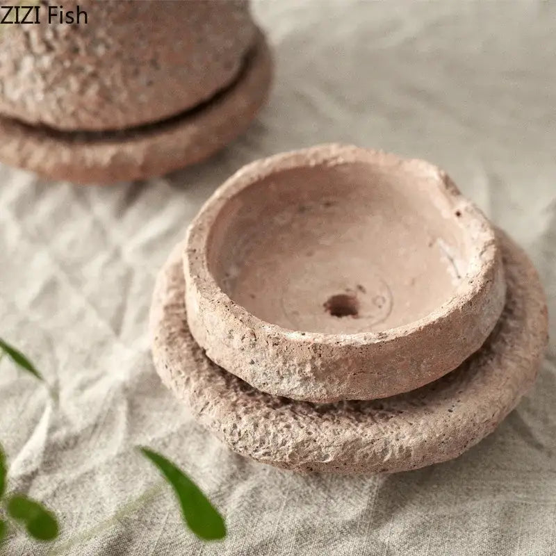 Rustic beige handcrafted ceramic plant saucer with textured surface and drainage hole for decorbites pottery vase