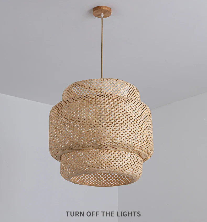 Decorbites handcrafted chinese bamboo pendant lamp with natural woven rattan tiered cylindrical design and wooden mount