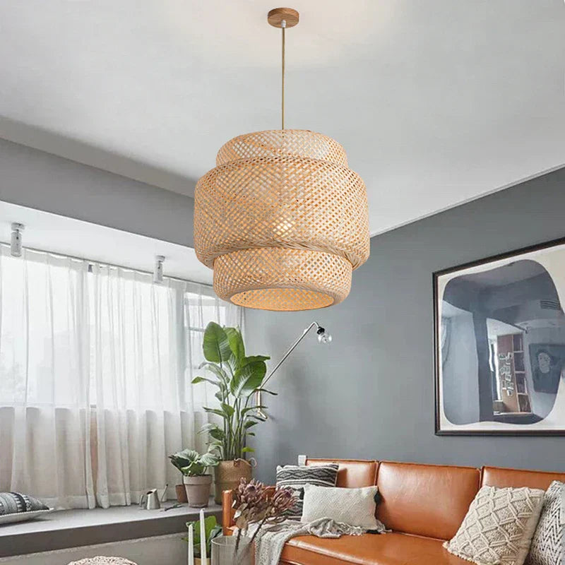 DecorBites™ handcrafted natural-toned bamboo pendant lamp with tiered woven rattan shade and wooden ceiling mount