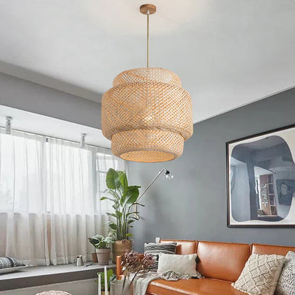 DecorBites™ handcrafted natural-toned bamboo pendant lamp with tiered woven rattan shade and wooden ceiling mount