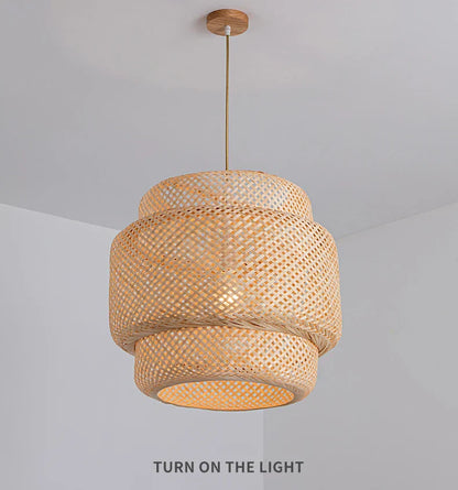 DecorBites™ handcrafted natural-toned bamboo pendant lamp with tiered woven lattice design and wooden ceiling mount