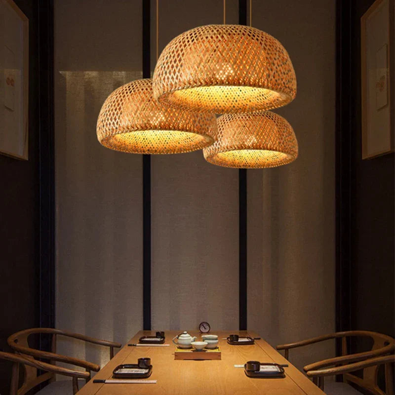 Decorbites™ handcrafted chinese bamboo pendant lamp with three-tiered woven design and warm golden glow