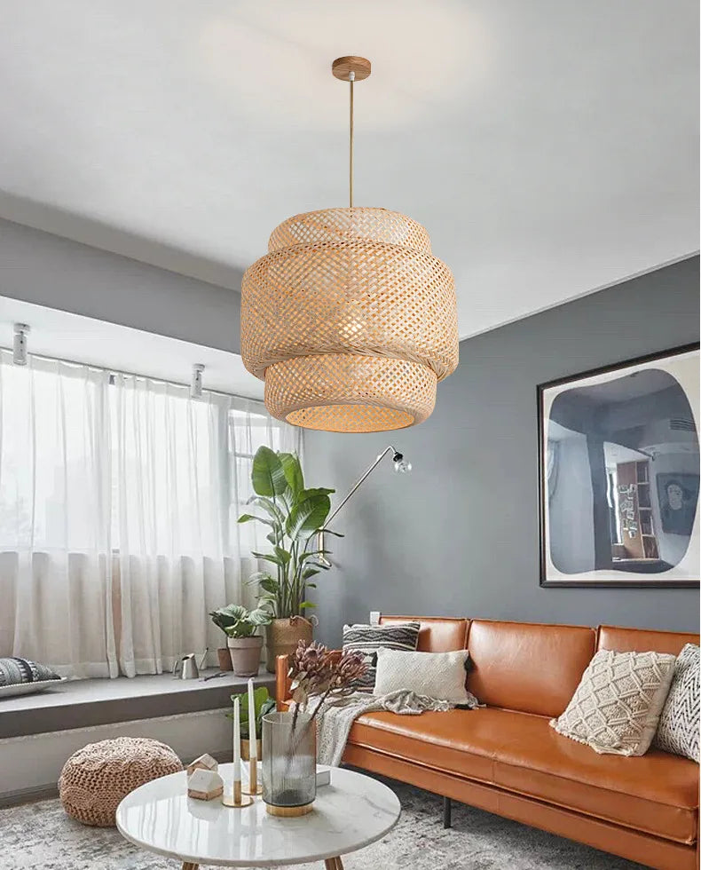 DecorBites handcrafted Chinese bamboo pendant lamp with natural woven rattan tiered cylindrical design in warm beige tones