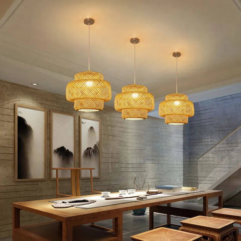 DecorBites™ handcrafted three tiered bamboo pendant lamp with warm golden glow for elegant interior lighting