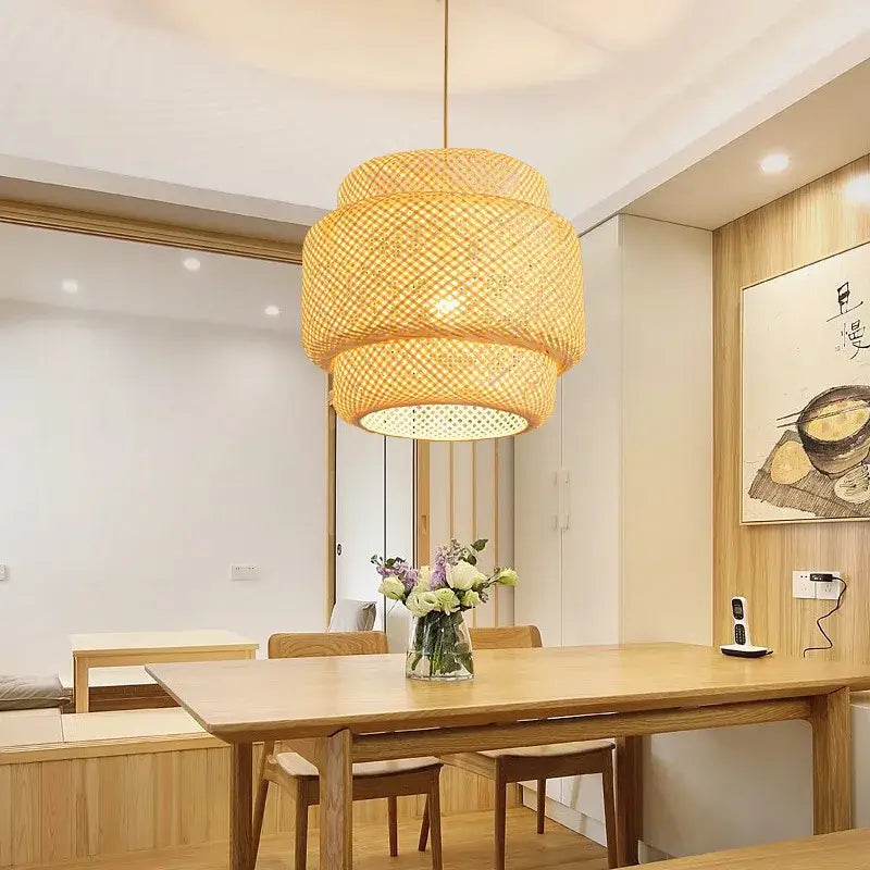 Decorbites™ handcrafted chinese bamboo pendant lamp with warm golden woven rattan tiered design