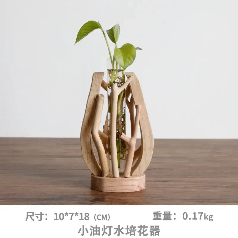 DecorBites™ handcrafted wooden vase light color with organic intertwined branches and central glass tube for home decor