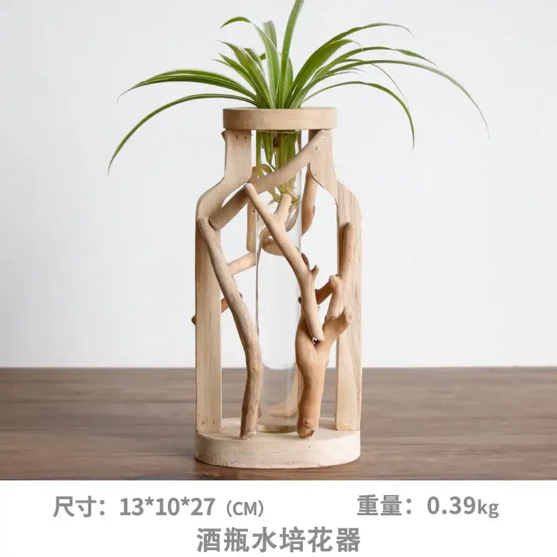 DecorBites handcrafted wooden vase features a rustic wooden frame and clear glass bottle for green home decor