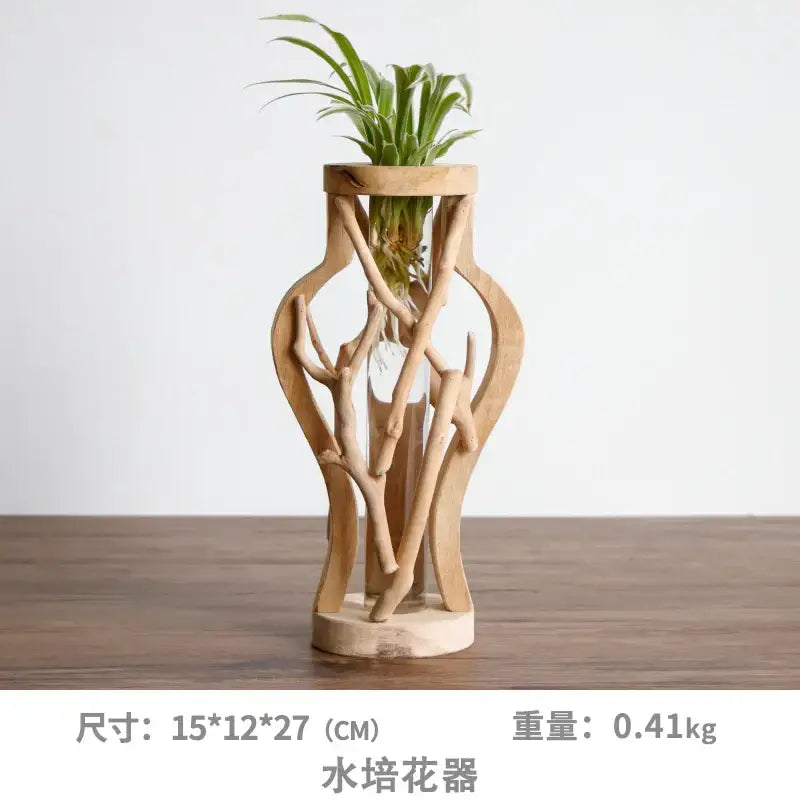 DecorBites handcrafted wooden vase with natural branch design holds green air plant for creative home decor