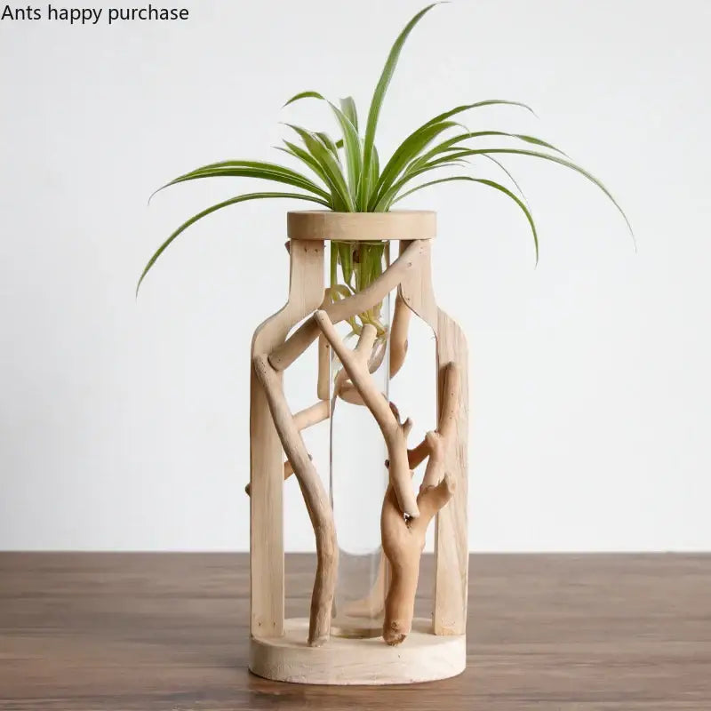 A spider plant in a clear glass vase encased in a light handcrafted wooden vase for creative home decor