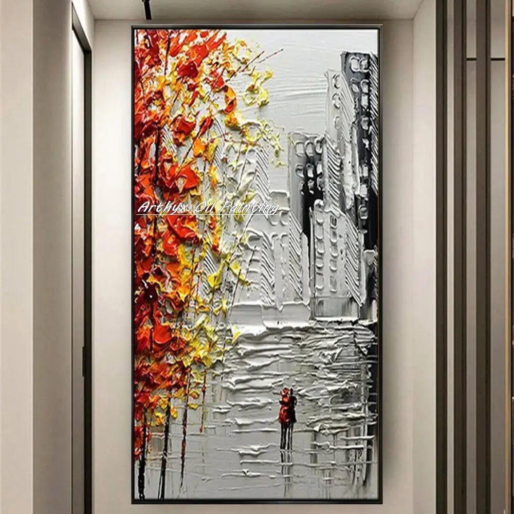 Decorbites™ handmade abstract city oil painting features vibrant orange and yellow autumn trees in a textured city landscape
