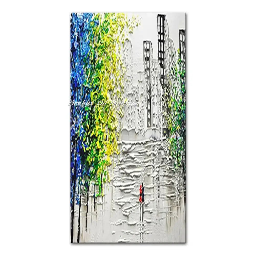 DecorBites™ handmade abstract city oil painting with vibrant blue and green foliage, white buildings, and a red figure